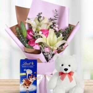 Pink Rose & Lily Bouquet with Lindt & Teddy