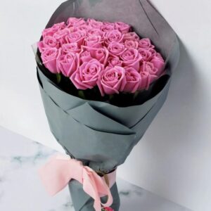 Pink Rose Bouquet with Grey Wrapping