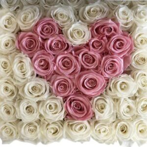 Fresh White and Pink Roses Heart In Box